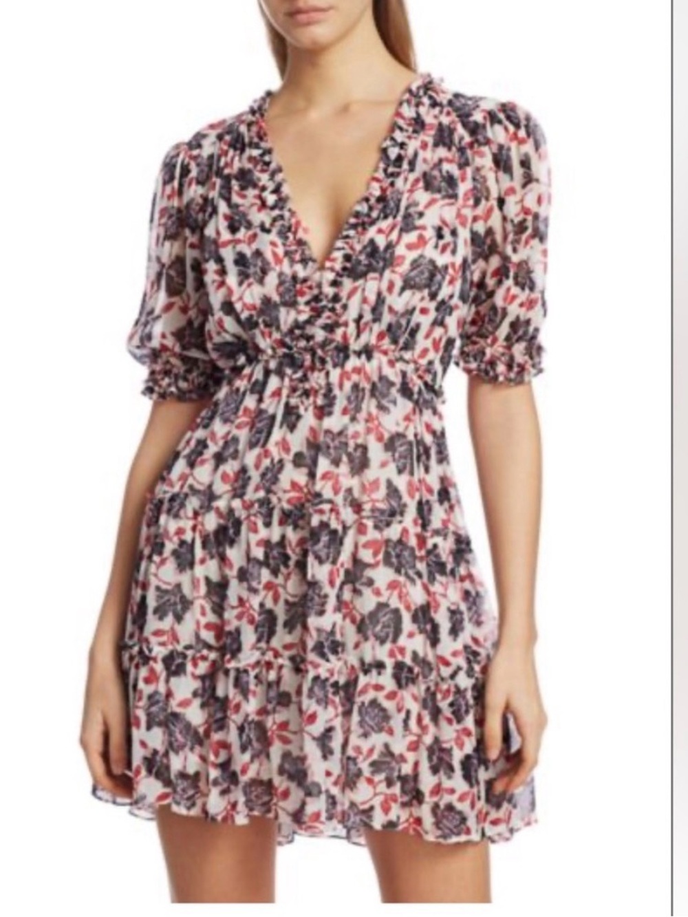 cinq a sept Floral V-Neck Tiered Mini Dress in Pink and Blackberry